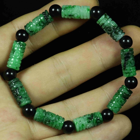 Green 100% Natural A Jade Jadeite Mantra Barrel Bead Bracelet 真言手链 - Picture 8 of 8